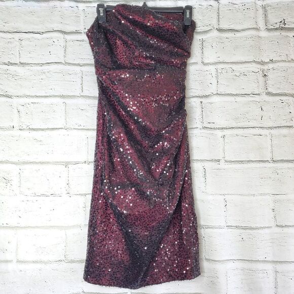 David Meister Cocktail Dress sequin strapless short Womens Size 4 black maroon - Picture 1 of 10